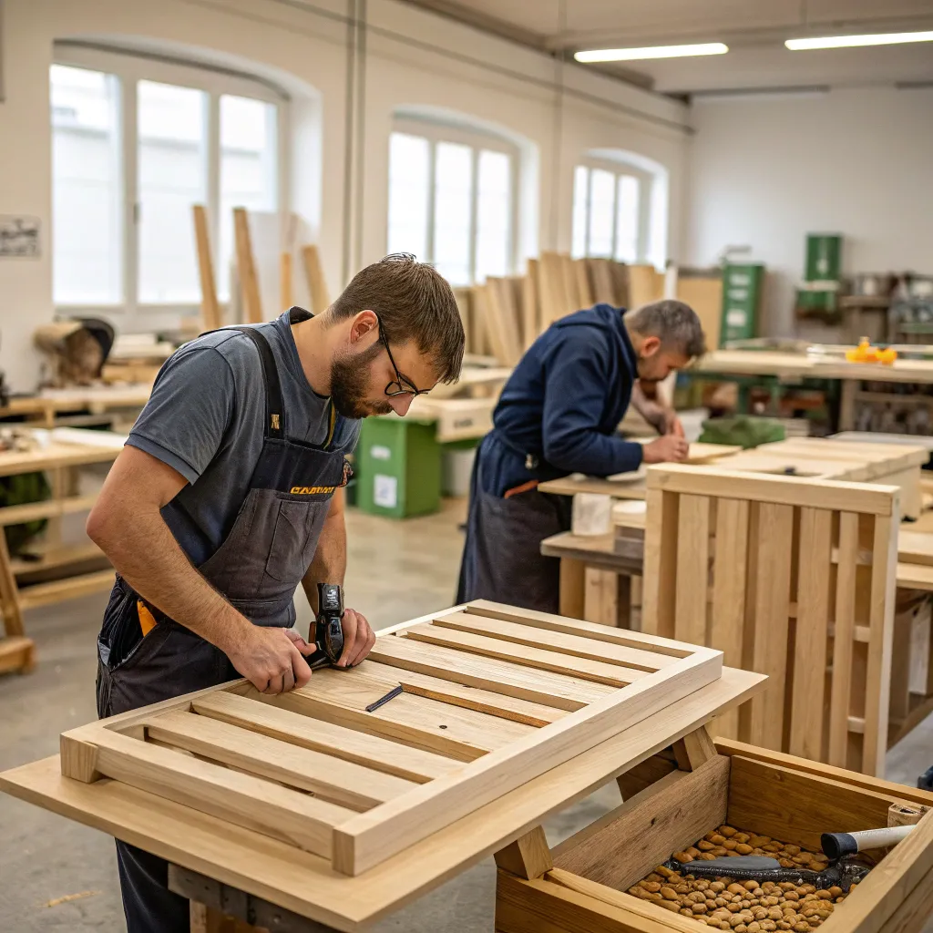 Artisans crafting pallet furniture in the FELTHOREN workshop